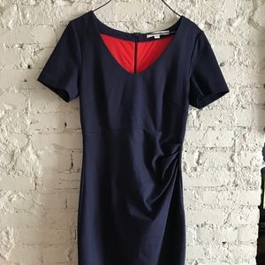 Knee-Length Navy Blue V-Neck Ruched Dress by Boden